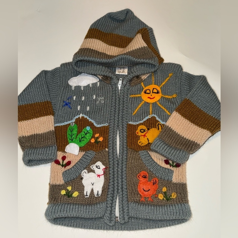 Children's Handmade Peruvian Knit Embroidered Hooded Zip Up Sweater Farm Animals